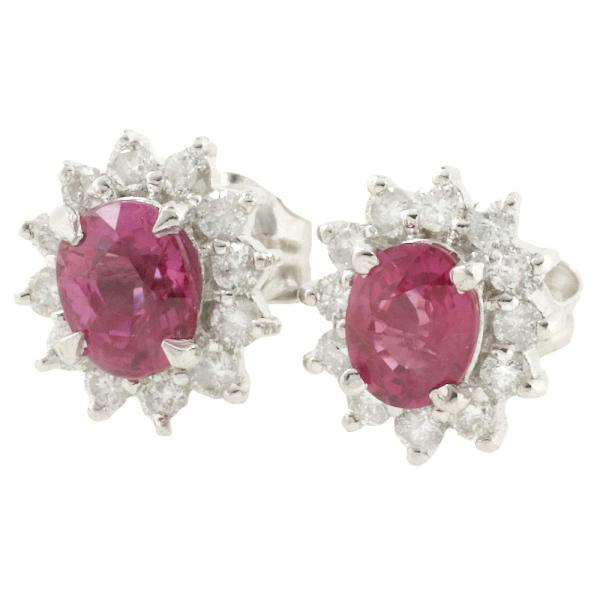 Pt900 Natural Corundum Pink Sapphire (0.62ct/0.47ct) & Diamond (0.19ct/0.18ct) Earrings, No Brand, Silver Women's - Preloved in Excellent Condition