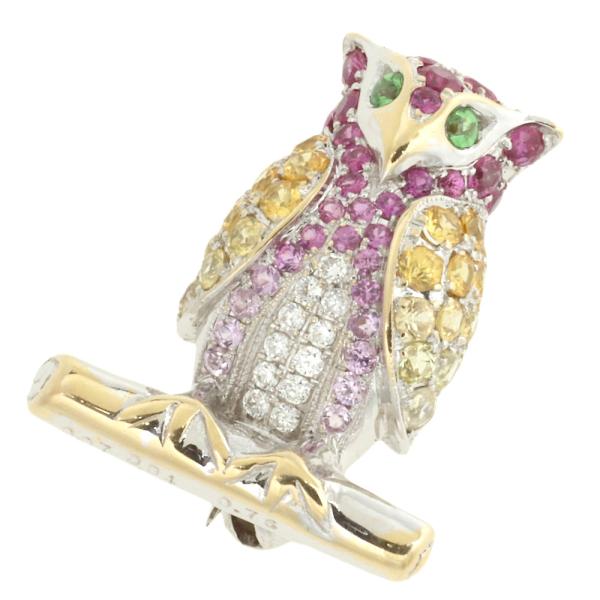 K18 Multicolored Sapphire, Diamond & Green Garnet Luck Signifying Owl Brooch, No Brand, Gold Women's - Preloved in Excellent Condition