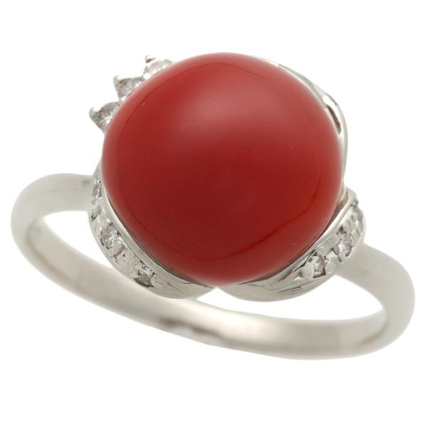 Platinum Pt900 Ring with Natural Coral approx. 10.5mm and Diamond Melee (0.08ct), Size 11, Red for Ladies in Excellent Condition