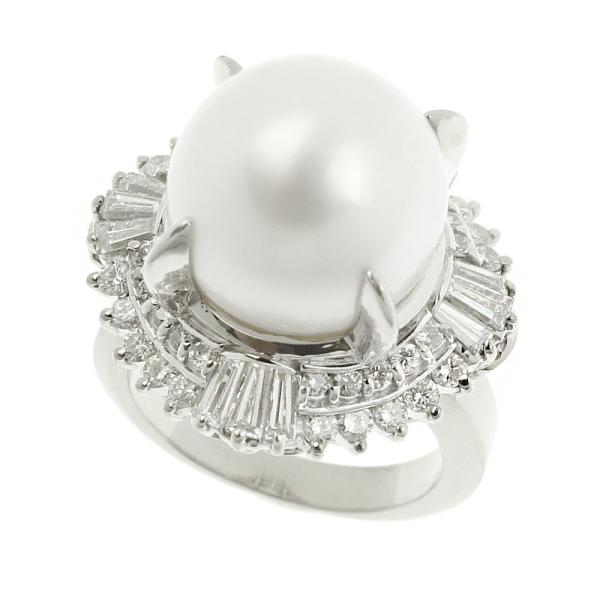 Platinum Pt900 Ring with Pearl and Diamond 1.25ct, Size 10, Women's Silver Jewelry, Preloved in Excellent Condition