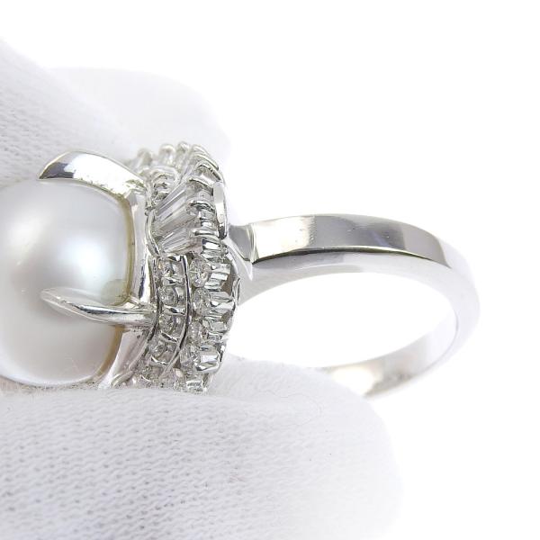 Platinum Pt900 Ring with Pearl and Diamond 1.25ct, Size 10, Women's Silver Jewelry, Preloved in Excellent Condition