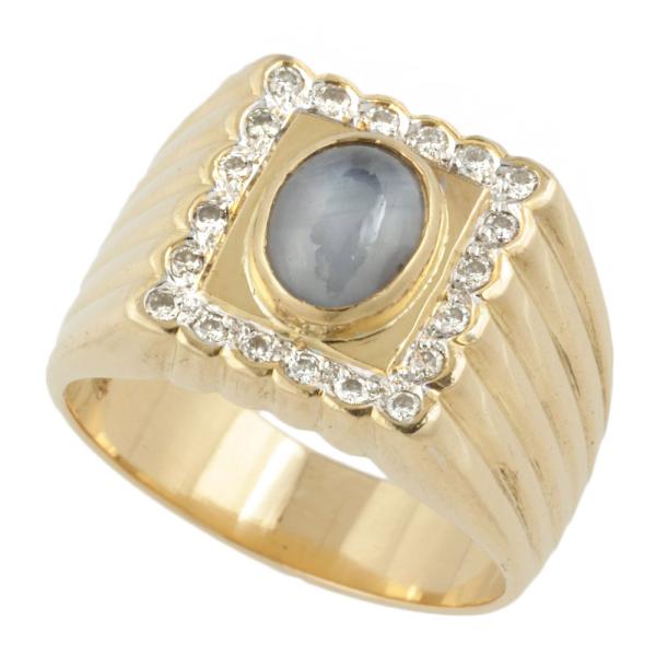 K18YG Men's Gold Ring with Natural Corundum Star Sapphire 2.47ct and Diamond 0.27ct, Size 20, Preloved in Excellent Condition