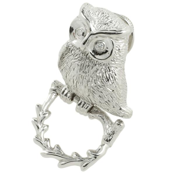 K18WG Owl Pin with 0.03ct Pave-set Diamonds for Ladies, Silver Color in Excellent Condition