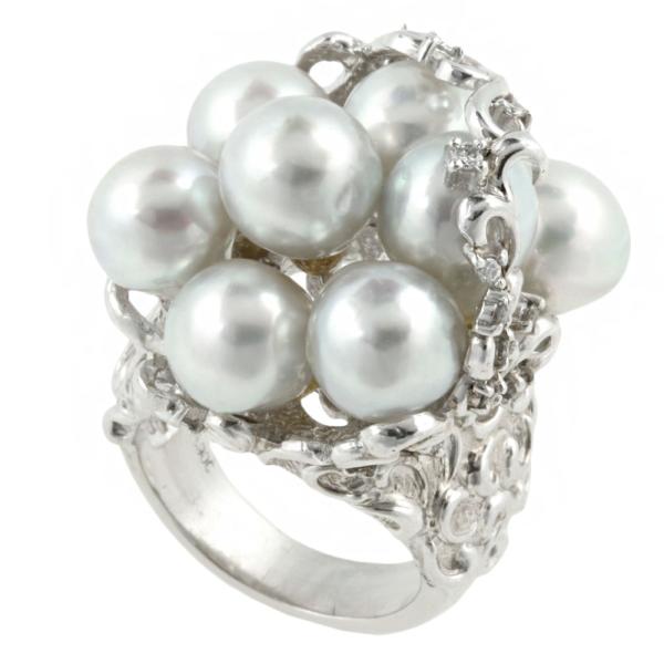 Platinum Pt900 Ring with Akoya Cultured Pearl and Diamond 0.34ct, Size 12, Women's Gray Pearl Silver Jewelry, Preloved in Excellent Condition