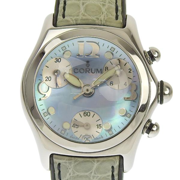 Corum Bubble Date Chronograph Men's Quartz Watch with Blue Shell Dial in SS/Leather [Gray][Used]  in Excellent Condition