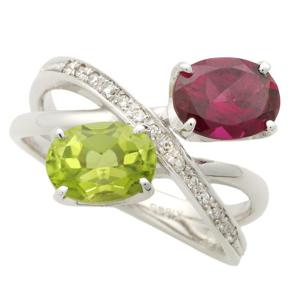 Ring in 18K White Gold with 1.54ct Natural Garnet, 1.39ct Peridot and 0.07ct Diamonds for Women in Excellent Condition