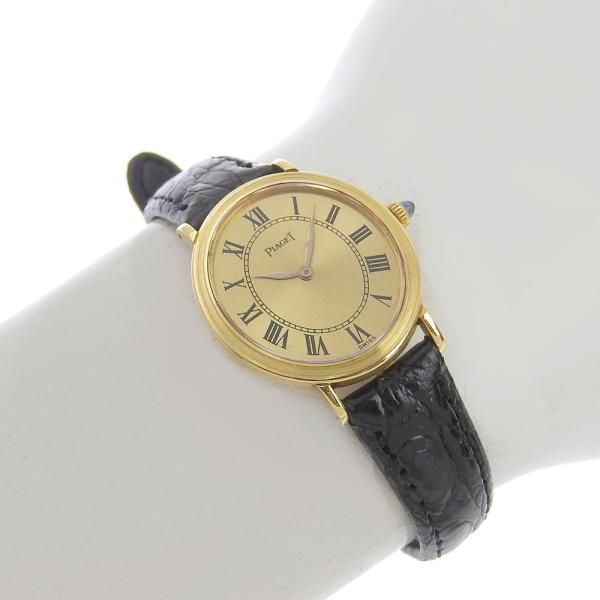 PIAGET Women's Manual Winding Oval Wristwatch with Gold Dial, Simple, Rare Design and Leather Strap (Non-Genuine), Model 9821, in K18 Yellow Gold and Leather in Excellent Condition