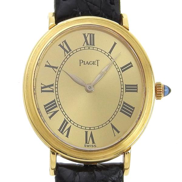 PIAGET Women's Manual Winding Oval Wristwatch with Gold Dial, Simple, Rare Design and Leather Strap (Non-Genuine), Model 9821, in K18 Yellow Gold and Leather in Excellent Condition