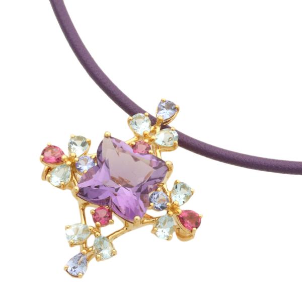 Jeunet K18YG Brooch Necklace with Leather, Amethyst, Zoisite, Aquamarine, and Pink Tourmaline (Amethyst 4.43ct) - Beautiful Purple Ladies Accessory in Excellent Condition