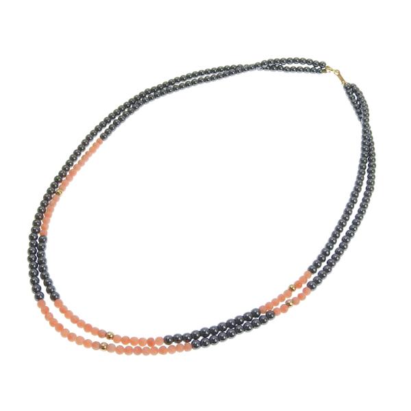 Like New Double Chain Necklace, K18 Yellow Gold Hematite and Natural Coral Ladies Necklace