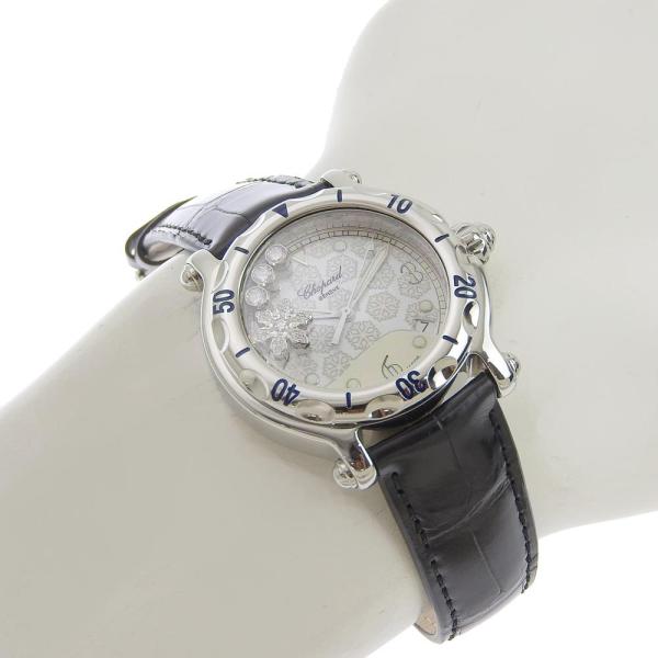 Chopard Happy Sports Snowflake Date Men's Wristwatch with Moving Diamond 1001190 8347, Stainless Steel/Leather, Silver, Chopard [Pre-Owned] in Excellent Condition