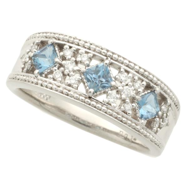 No Brand, Women's Silver Ring with 3P Aquamarine 0.43ct and Diamond 0.14ct, Material in Excellent Condition