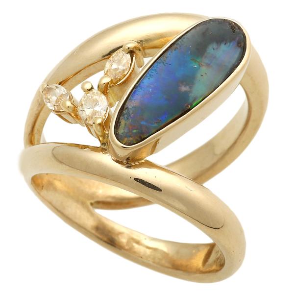 LO Petite Ring with Natural Boulder Opal and Melee Diamond in K18 Yellow Gold in Excellent Condition