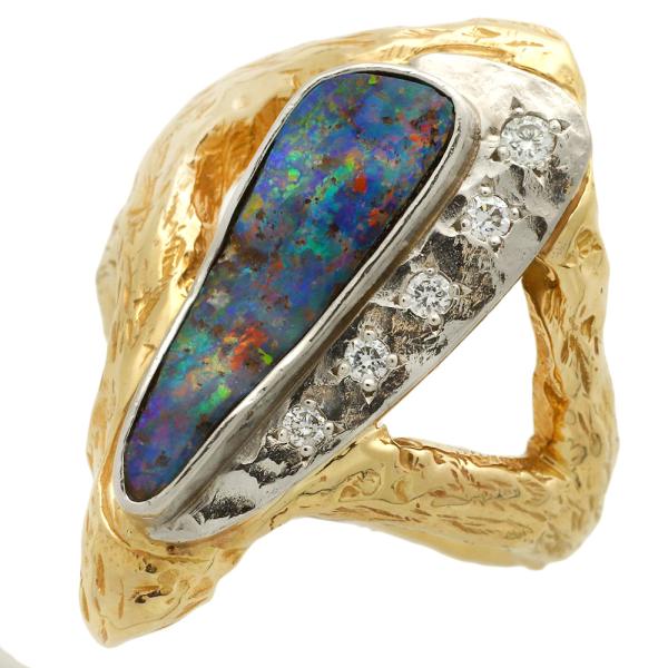 LO Bicolor Ring with Natural Opal and Melee Diamond in K18 Yellow Gold and Platinum PT900 in Excellent Condition