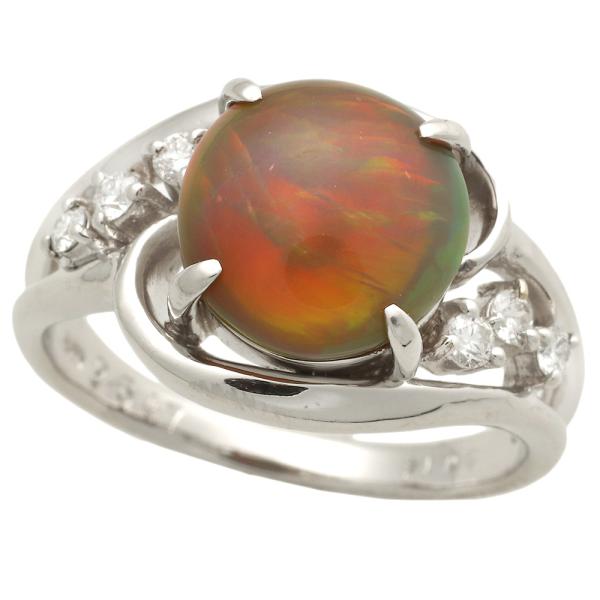 LO Platinum PT900 Ring with Natural Opal and Melee Diamond in Excellent Condition