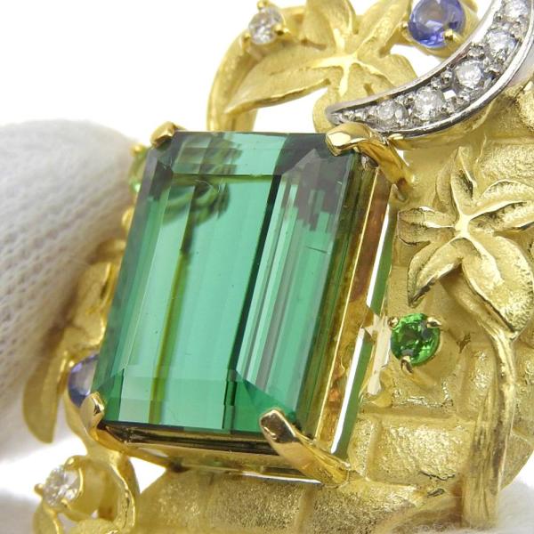 K18YG Pt900 Green Tourmaline 15.80ct, Diamond 0.19ct, & Tanzanite Brooch in Platinum / Yellow Gold for Women, Pre-Owned in Excellent Condition