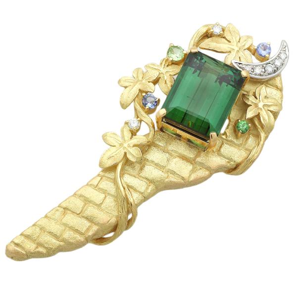 K18YG Pt900 Green Tourmaline 15.80ct, Diamond 0.19ct, & Tanzanite Brooch in Platinum / Yellow Gold for Women, Pre-Owned in Excellent Condition