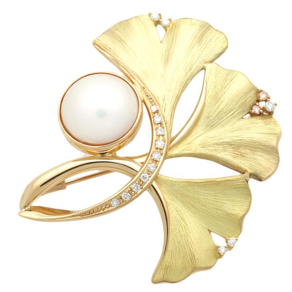 K18YG Mabe Pearl approx 13.7mm & Diamond 0.33ct Leaf Pendant Brooch in Yellow Gold for Women, Pre-Owned in Excellent Condition