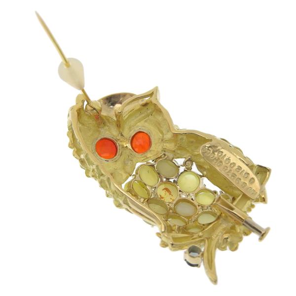 K18YG Cat's Eye 9.278ct, Garnet 0.12ct & Diamond 0.10ct Owl Pendant Brooch in Yellow Gold for Women, Pre-Owned