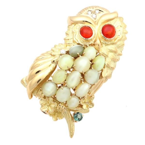 K18YG Cat's Eye 9.278ct, Garnet 0.12ct & Diamond 0.10ct Owl Pendant Brooch in Yellow Gold for Women, Pre-Owned in Excellent Condition