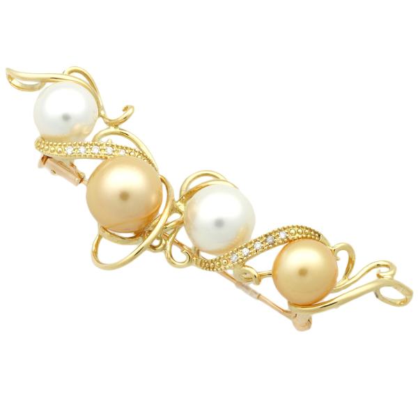 K18YG Pearl & Diamond 0.08ct White Butterfly Cultured Pearl Pendant Brooch in Yellow Gold for Women, Pre-Owned in Excellent Condition