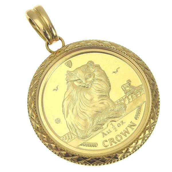 Elegant 1/2 Ounce Pure Gold Coin Pendant Top, Queen Elizabeth II, Crown Coin, K24YG K18YG Man Island Unbranded, Pre-Owned