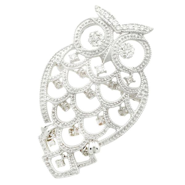 No-brand Owl-Motif Brooch with Pendant in K18WG, featuring 0.77ct Diamonds, Silver, for Women in Excellent Condition