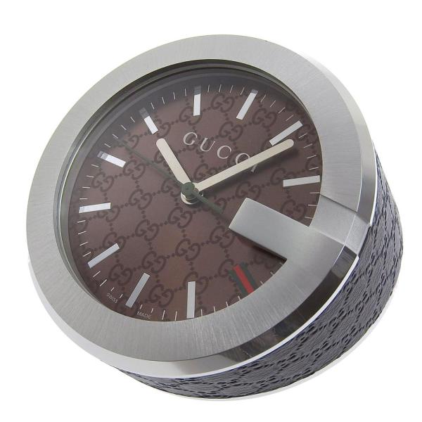 Gucci Sherry Line Gucci Shima G Clock Quartz Table Clock in Brown Leather and Stainless Steel - Preloved in Great Condition