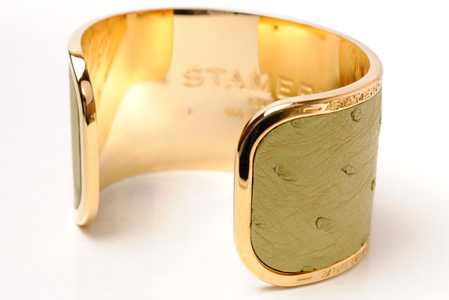 Stamerra Ostrich Alloy Bangle Bracelet, Adjustable, 18cm Circumference, 4.1cm Width, Light Green in Pristine Condition