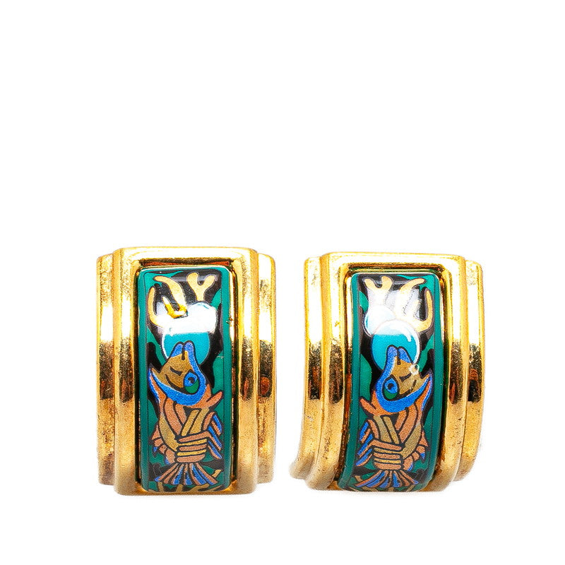 Hermes Enamel Fish Clip-On Earrings Gold Multicolor in Very Good Condition