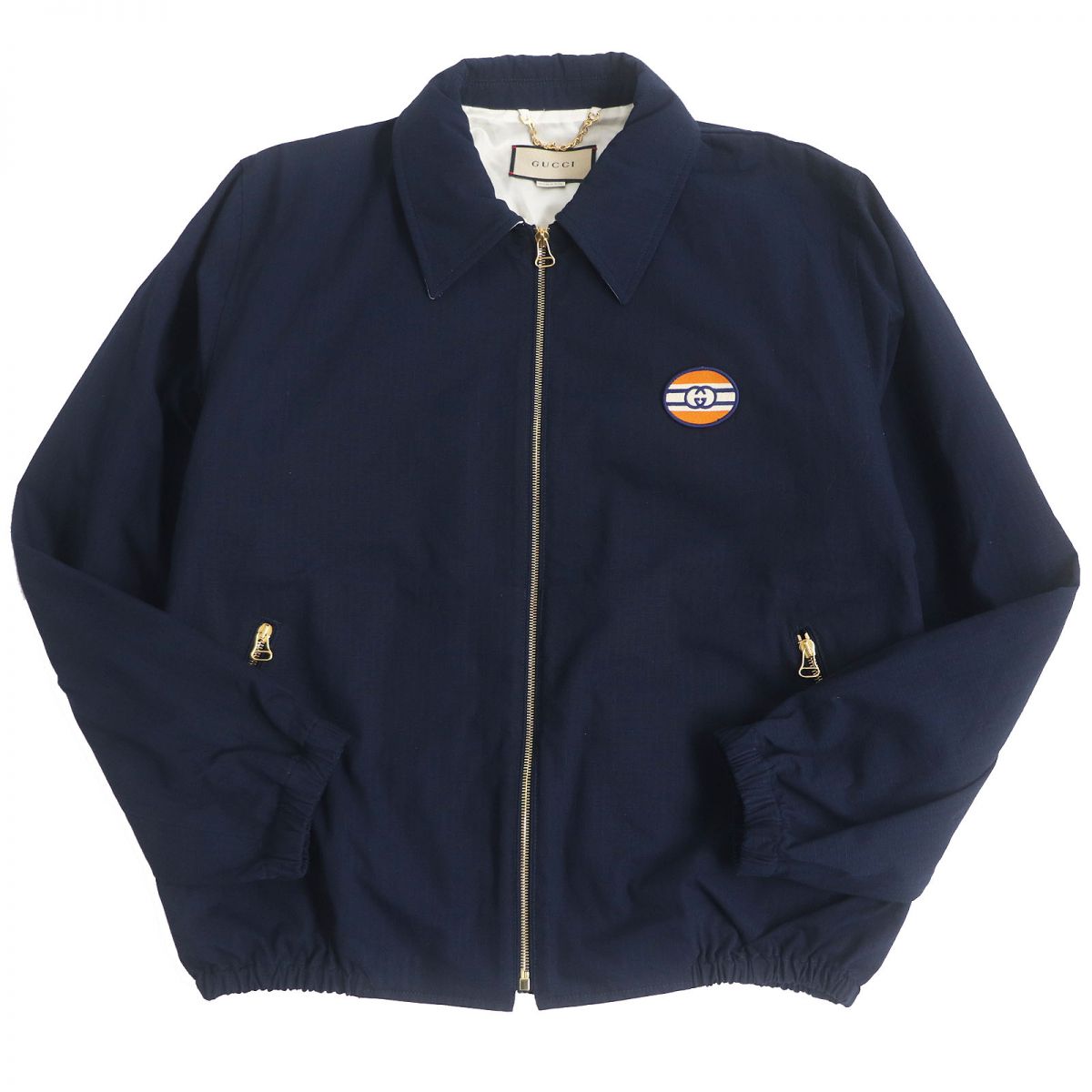 Gucci Logo Patch Cotton Nylon Zip Jacket Navy