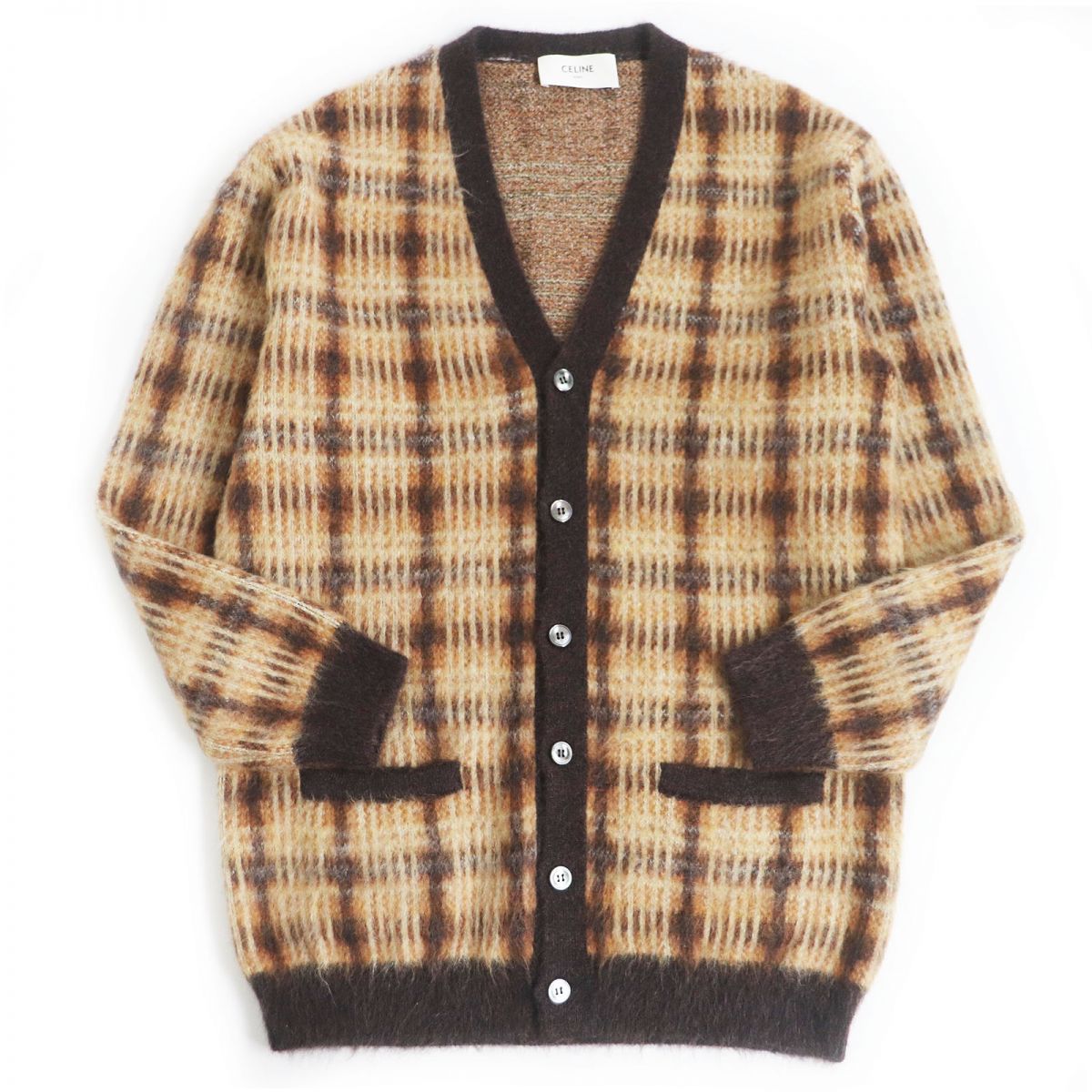 Celine Mohair Alpaca Check Long Cardigan Brown S