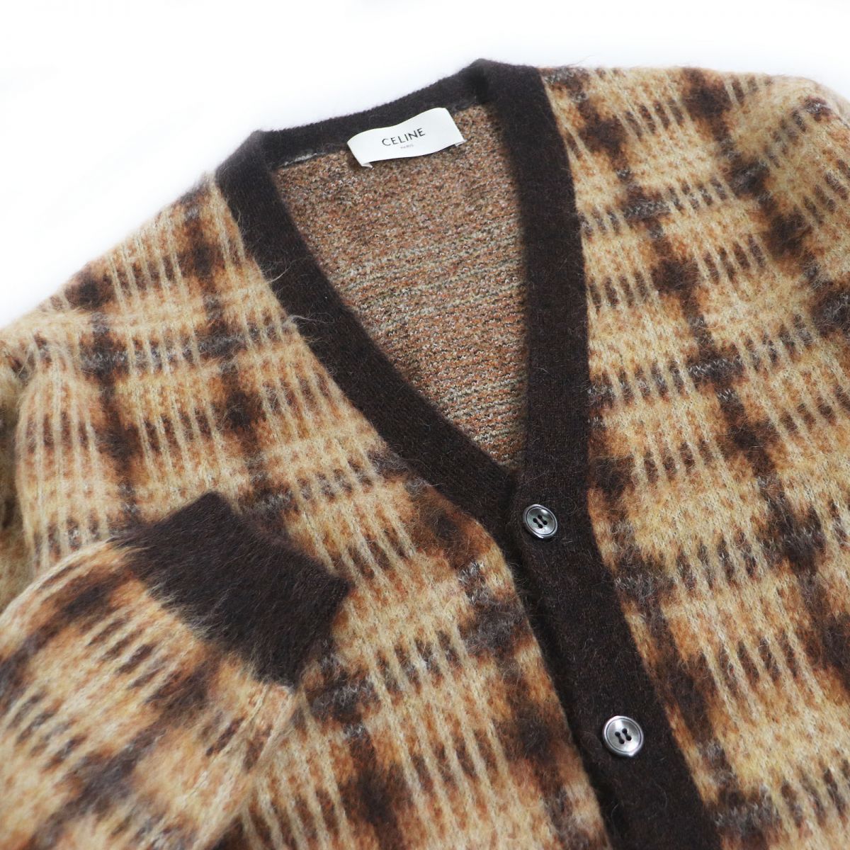 Celine Mohair Alpaca Check Long Cardigan Brown S