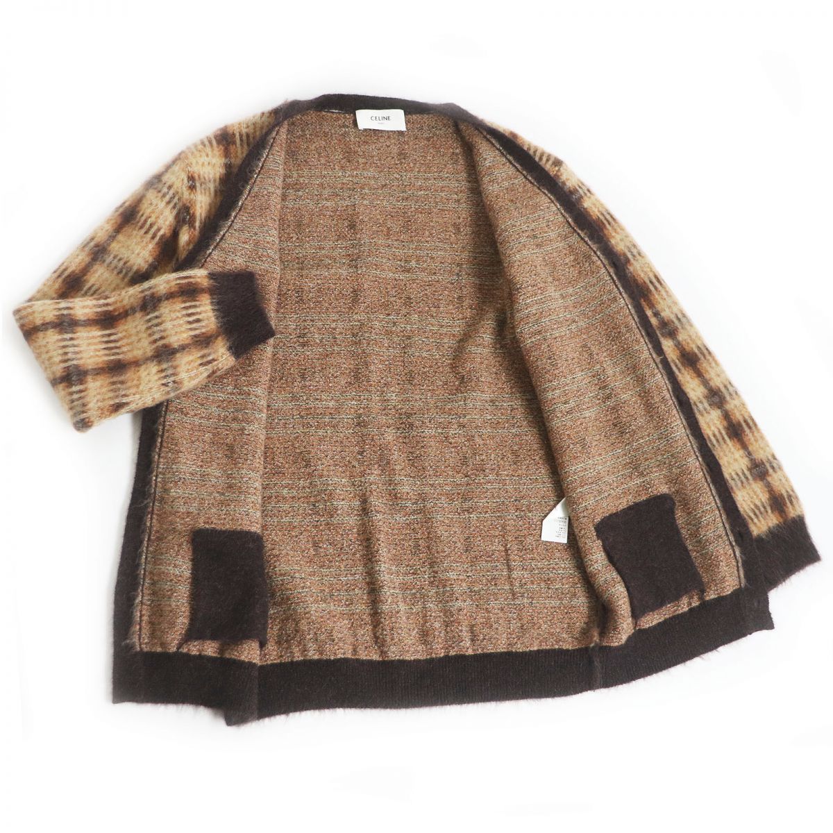 Celine Mohair Alpaca Check Long Cardigan Brown S