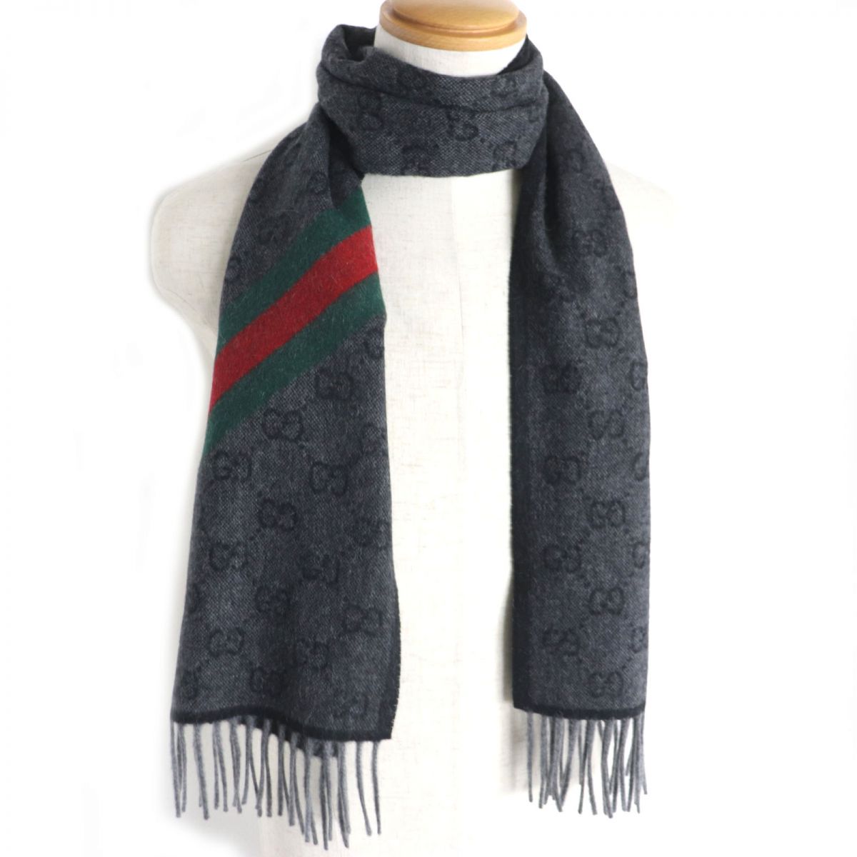 Gucci GG Pattern Wool Alpaca Fringe Scarf Shawl