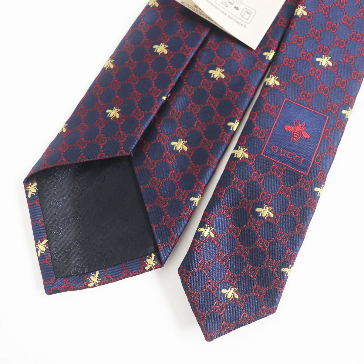 GUCCI Silk Tie GG Print Bee Logo Embroidery