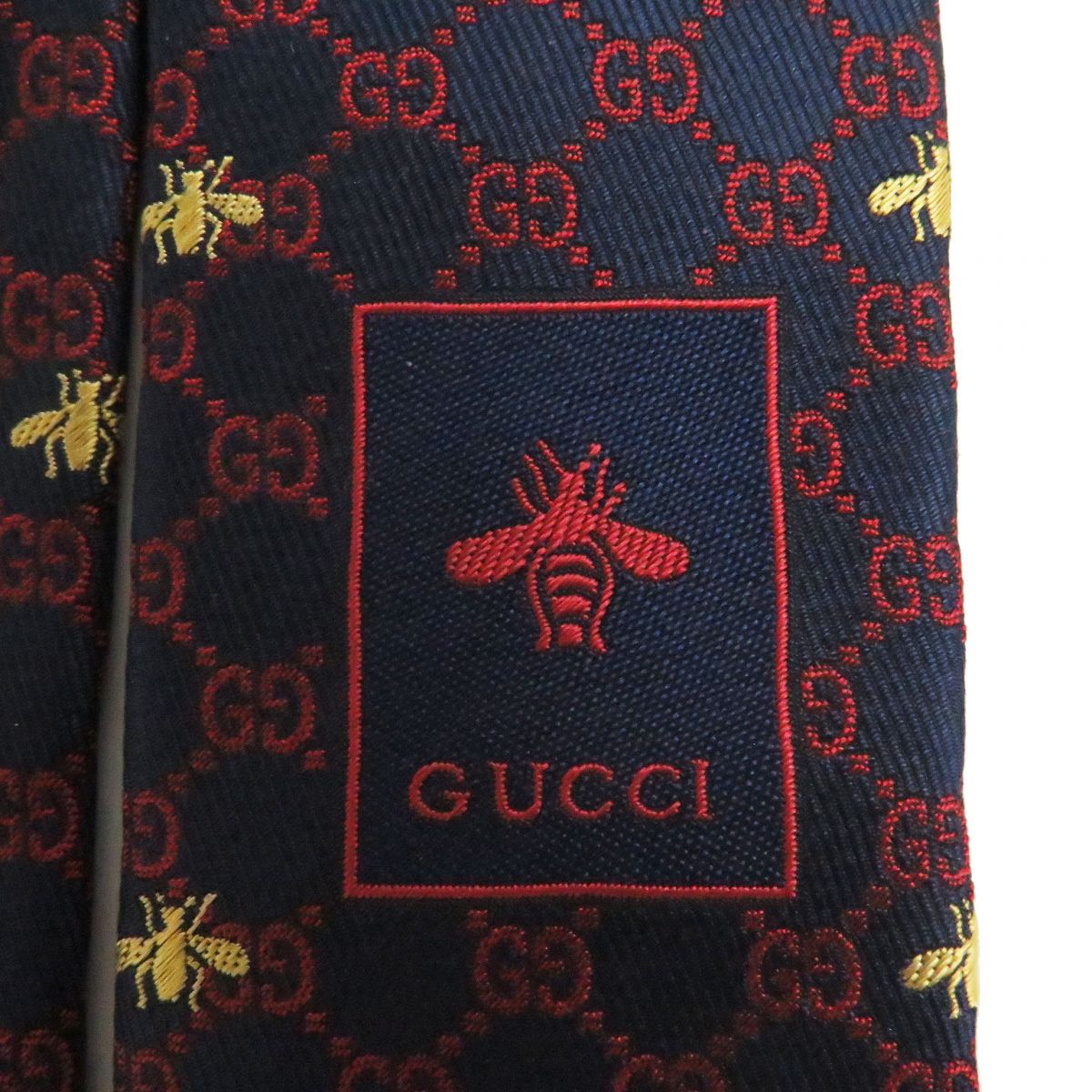 GUCCI Silk Tie GG Print Bee Logo Embroidery