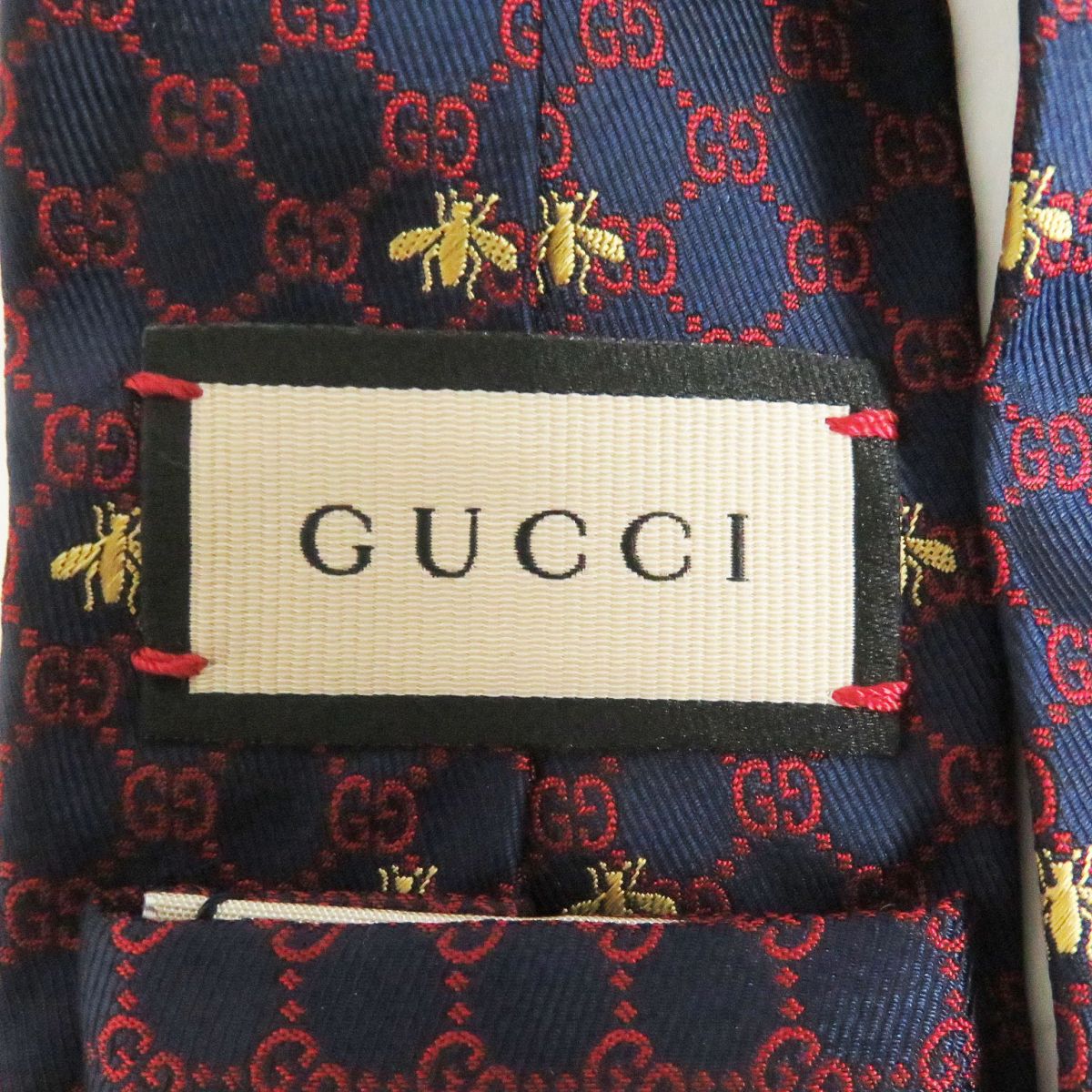 GUCCI Silk Tie GG Print Bee Logo Embroidery