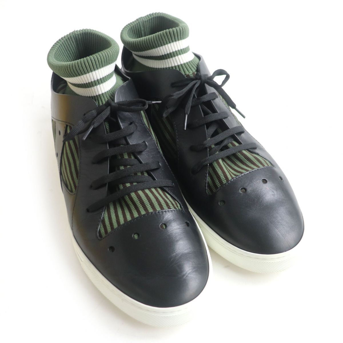 Fendi Knit Leather Lace-Up Sock Sneakers Khaki Black