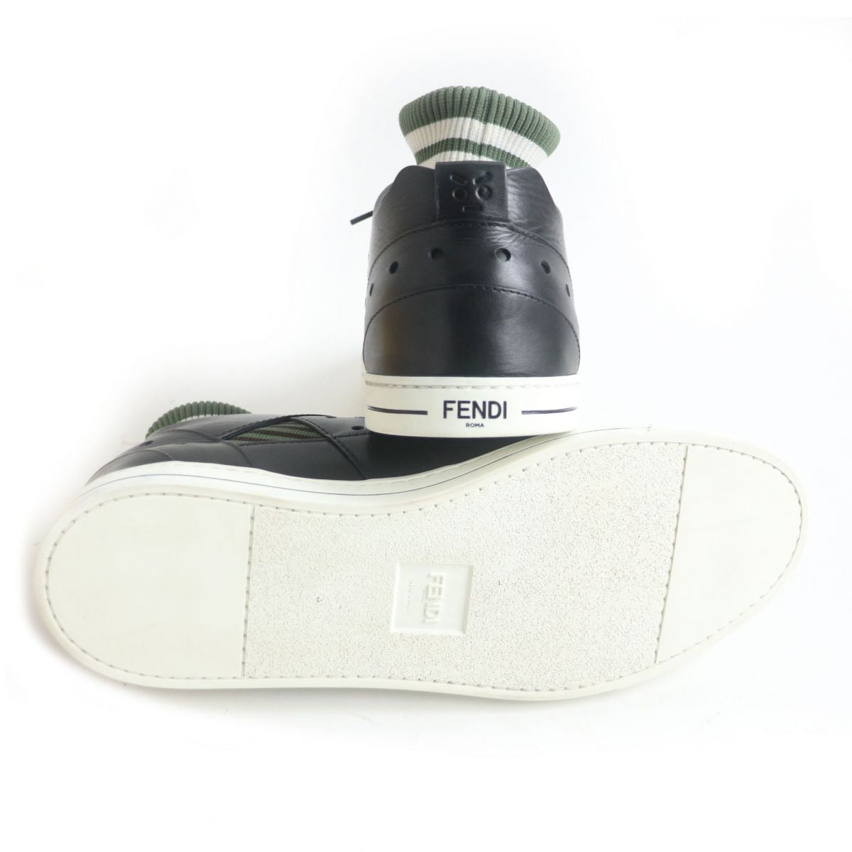 Fendi Knit Leather Lace-Up Sock Sneakers Khaki Black