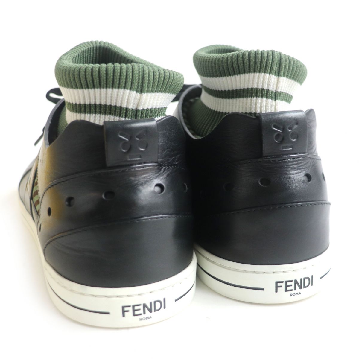 Fendi Knit Leather Lace-Up Sock Sneakers Khaki Black