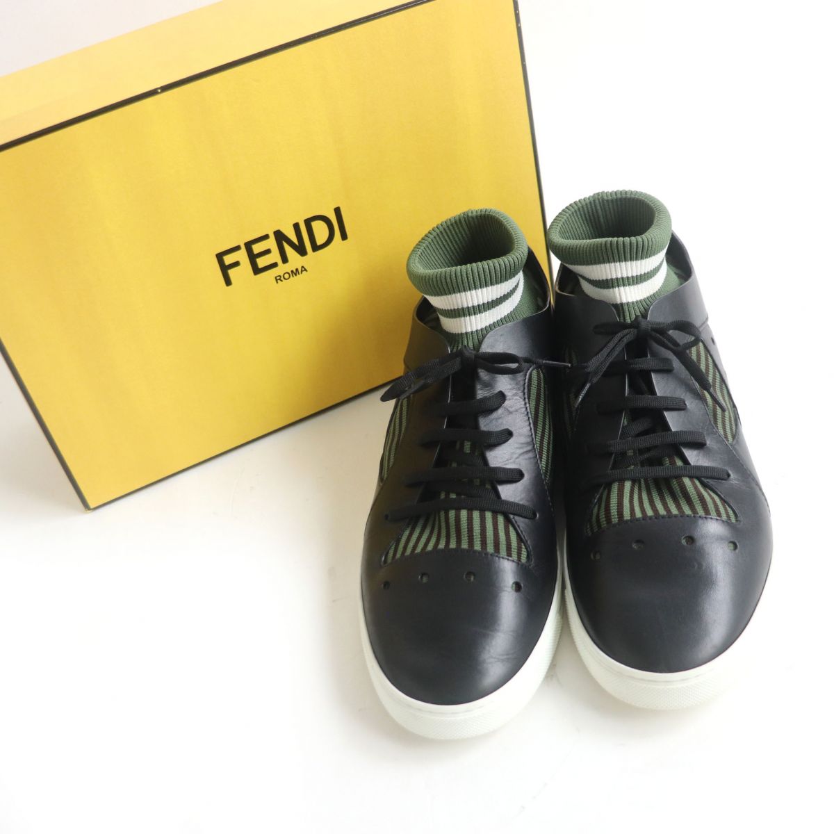 Fendi Knit Leather Lace-Up Sock Sneakers Khaki Black