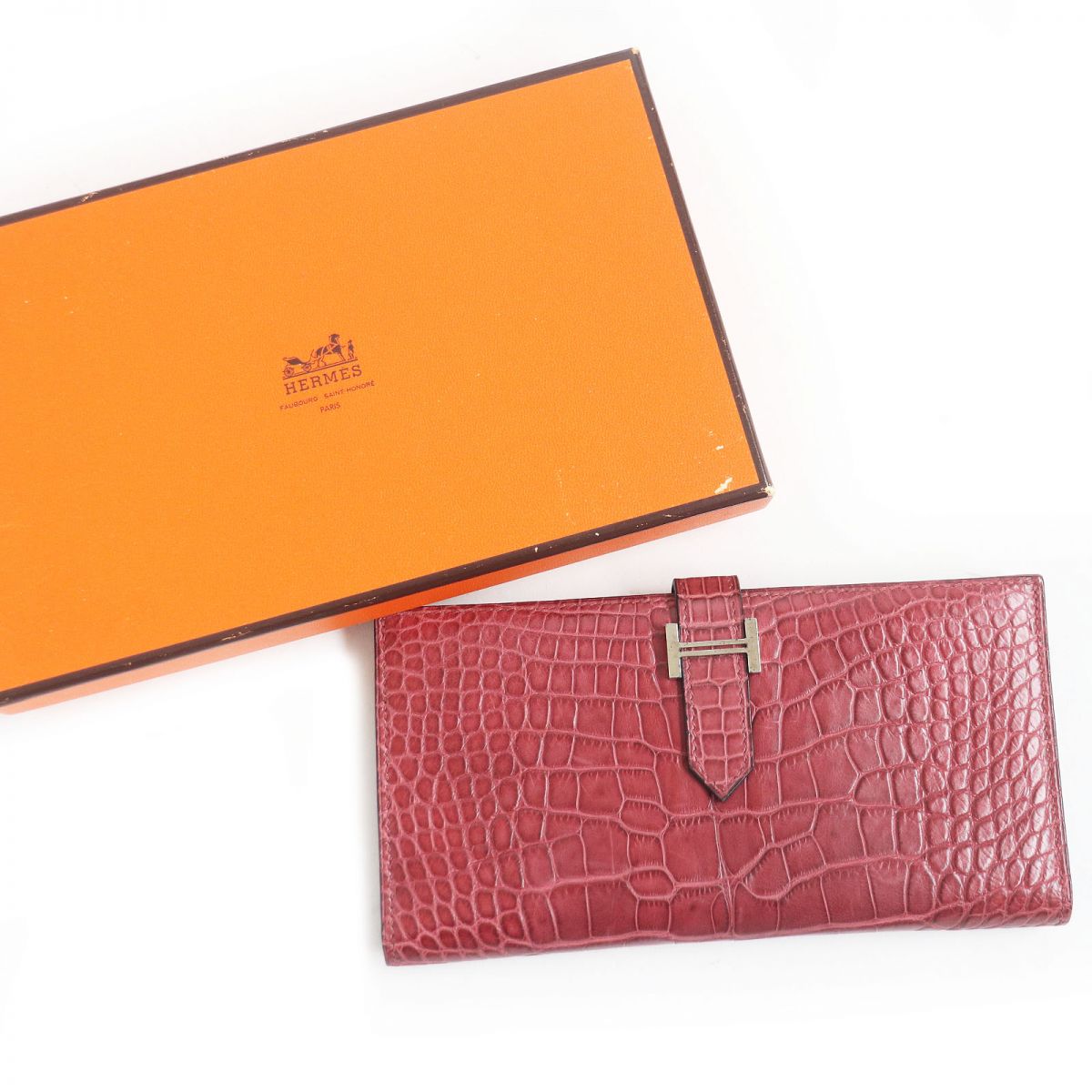 Hermes Bearn Alligator Leather Wallet Rouge