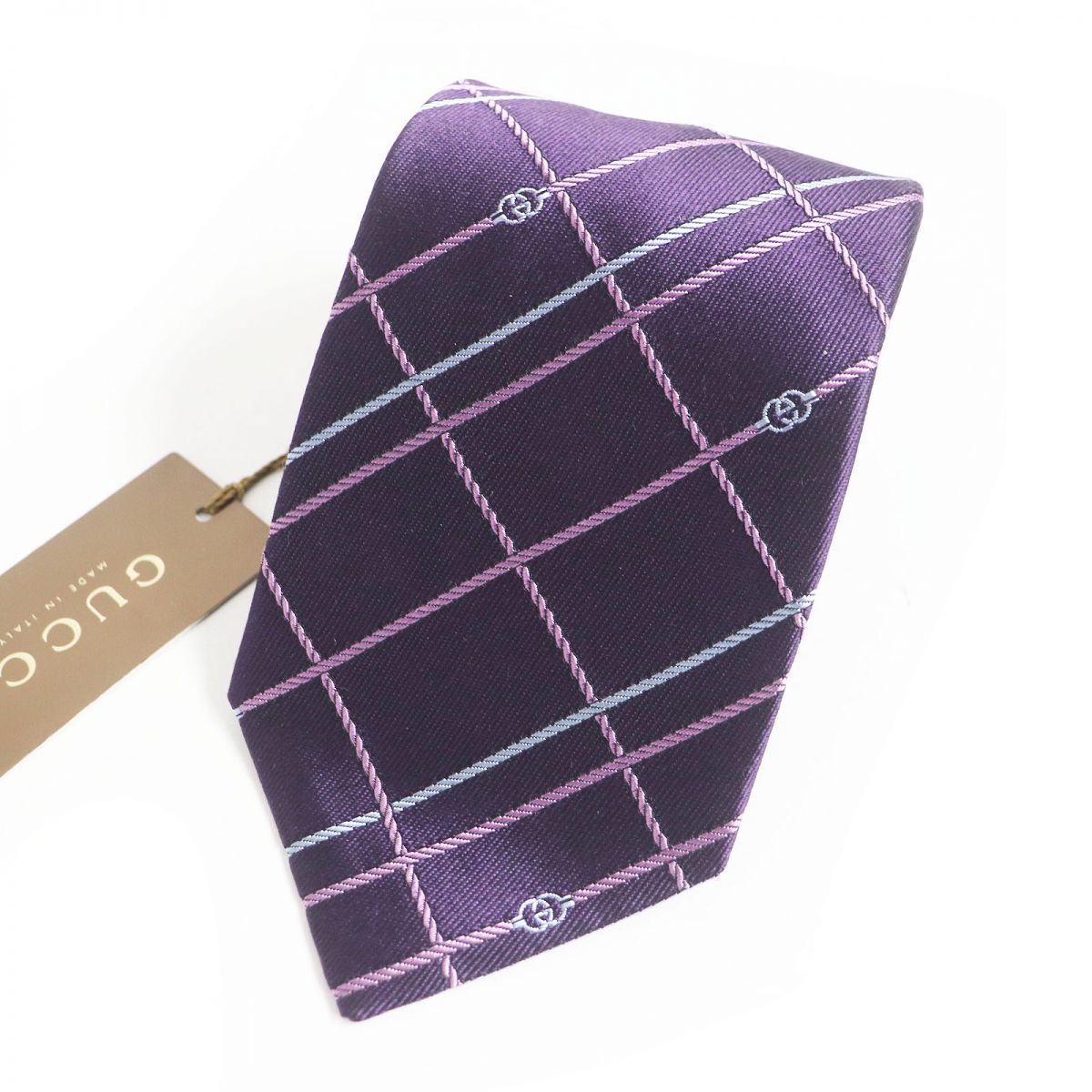 Gucci Silk Check Interlocking G Tie Purple