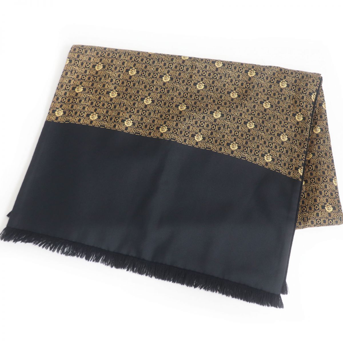 Hermes Silk Angora Fringe Scarf Shawl Black Gold