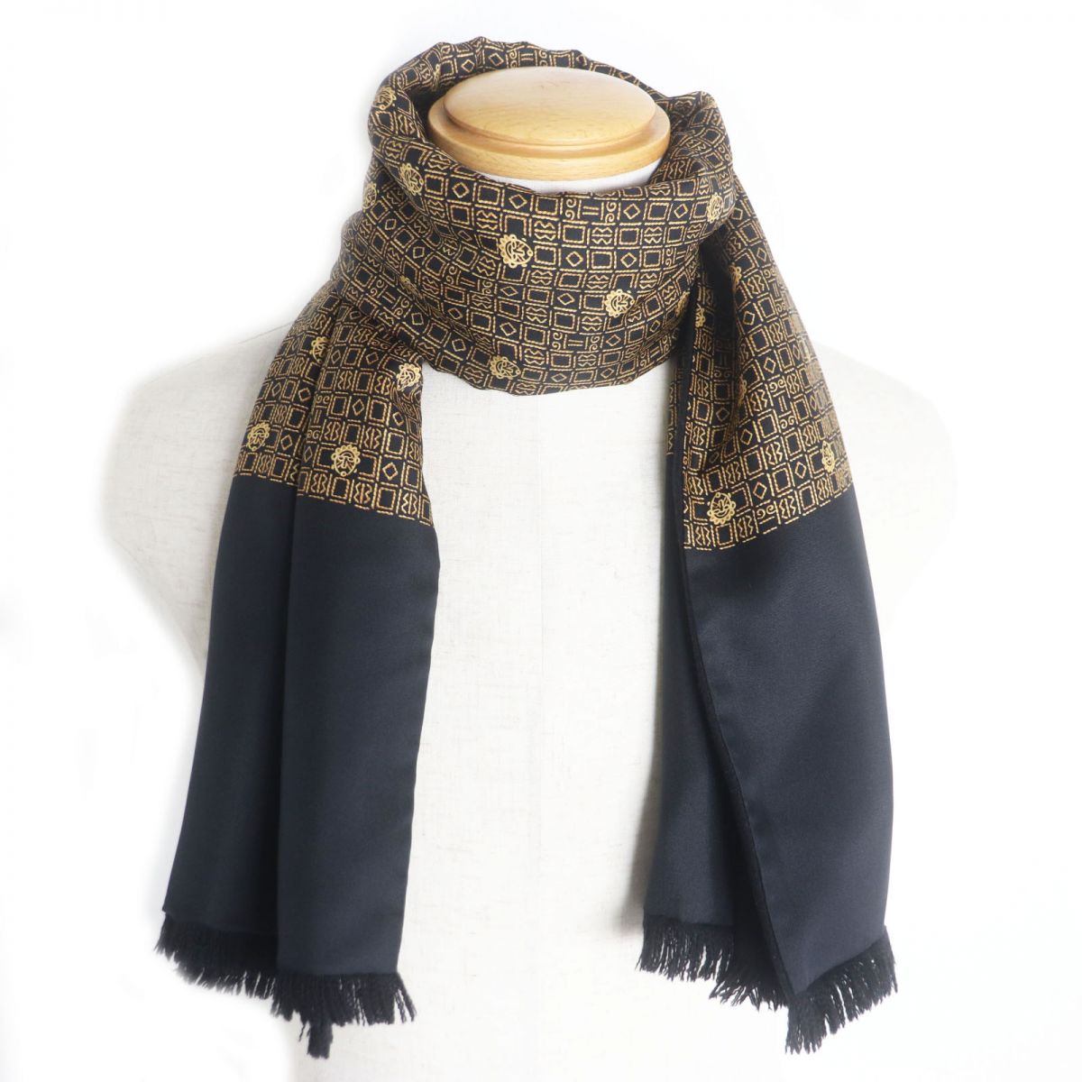 Hermes Silk Angora Fringe Scarf Shawl Black Gold