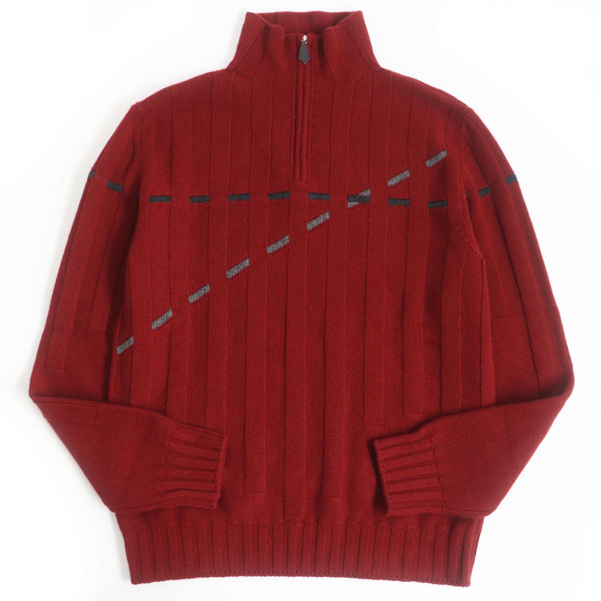 HERMES Cashmere Stripe Half Zip Sweater L Red