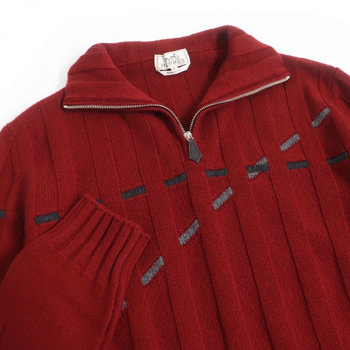 HERMES Cashmere Stripe Half Zip Sweater L Red