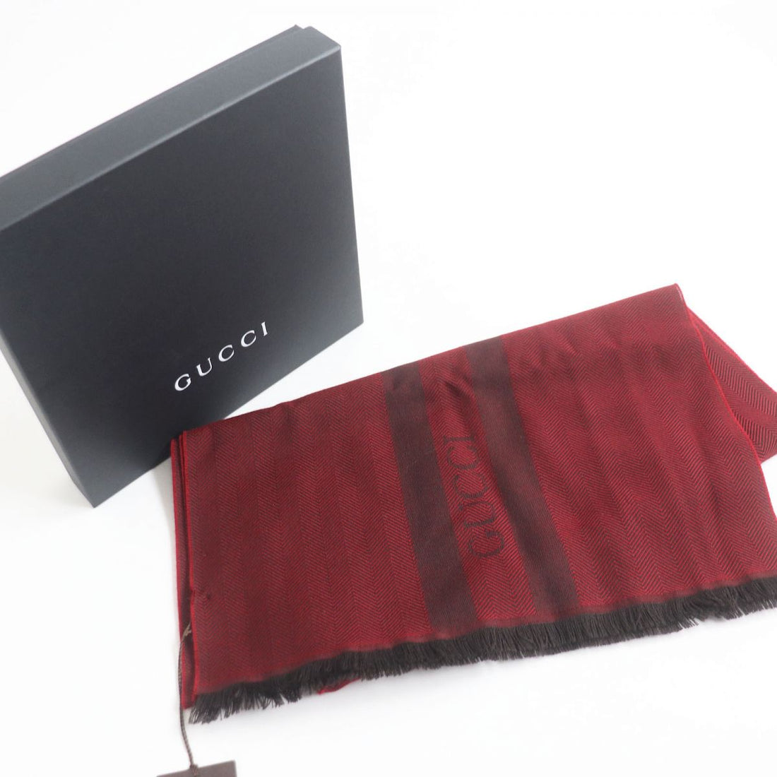 Gucci Wool Herringbone Stripe Logo Scarf