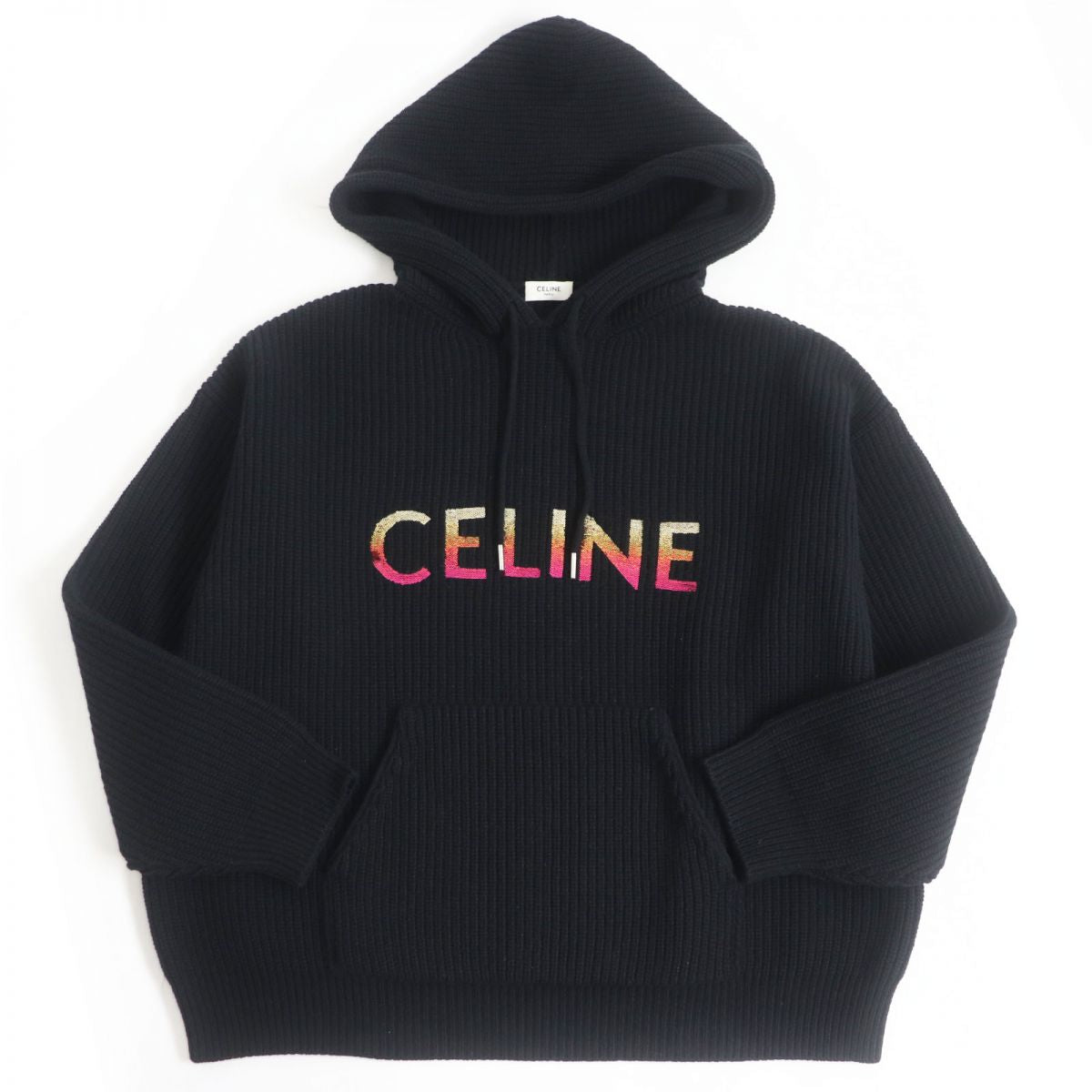 Celine XS Embroidered Sequin Hooded Sweater Black